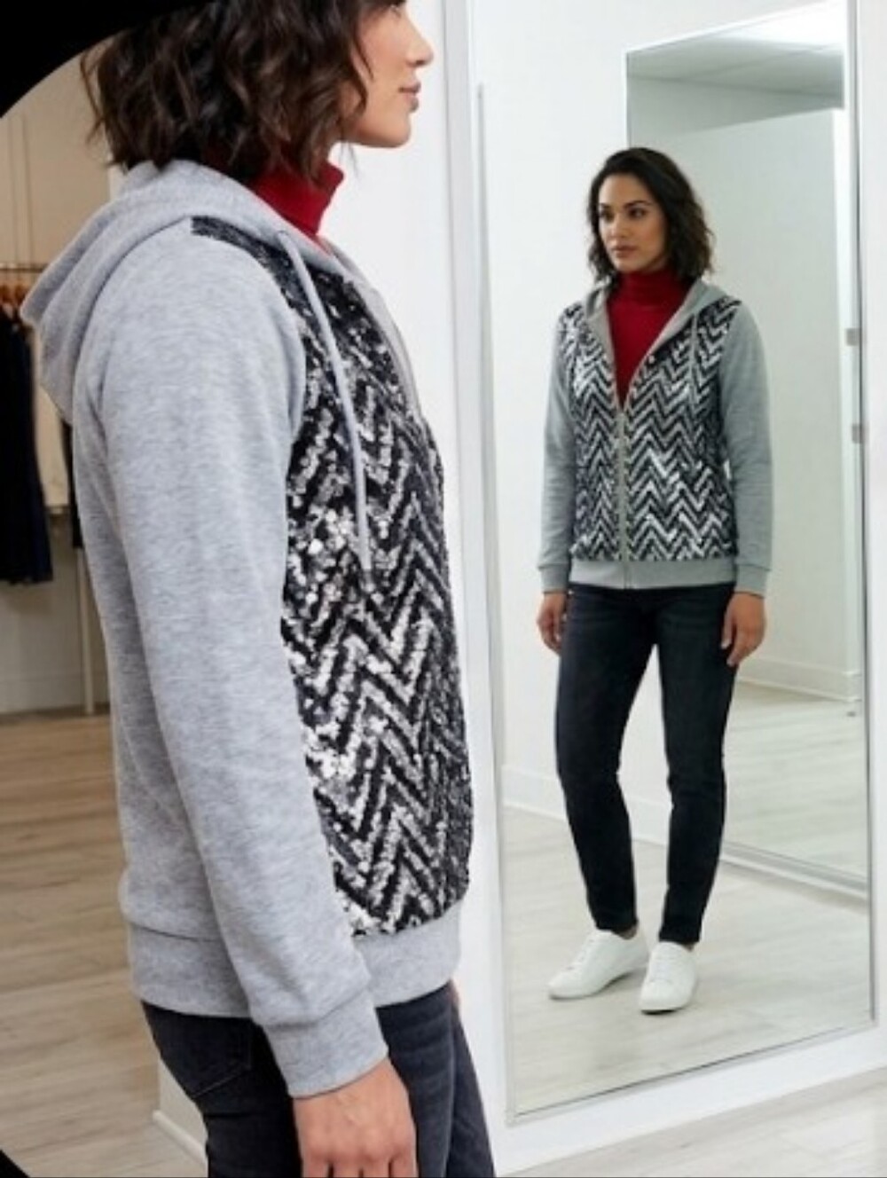 Sequin bling grey hoodie sweater L Vanity